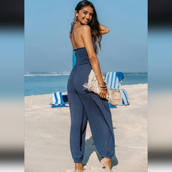 Cupshe Navy Halter Wide-Leg Jumpsuit with Pockets - Picture 2 of 12